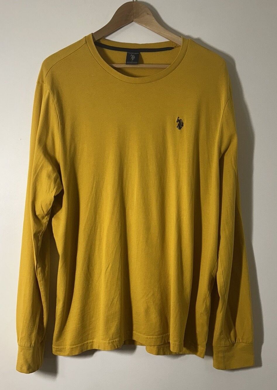 US Polo Assn. Mens T-Shirt Large Mustard Yellow Navy Pony Long Sleeve
